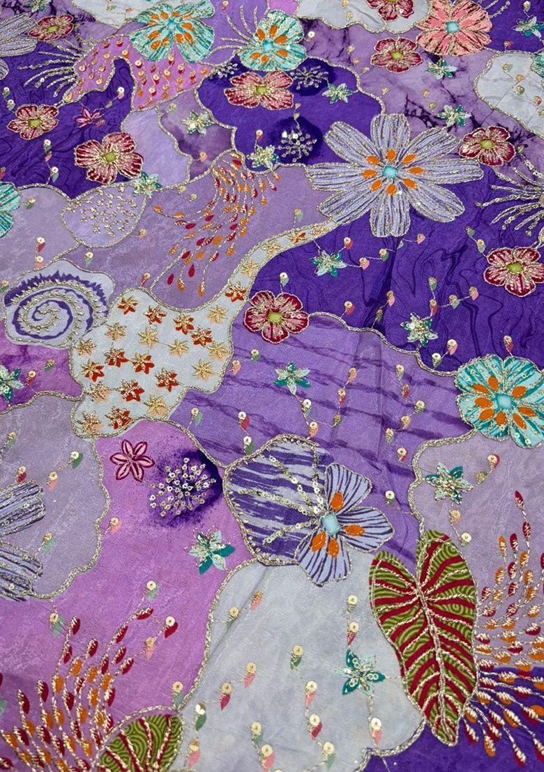 Violet Purple Printed Crepe Lehenga Set For Girls - Indya