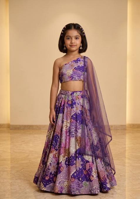 Violet Purple Printed Crepe Lehenga Set For Girls