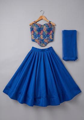 Cobalt Blue Printed Crepe Lehenga Set For Girls
