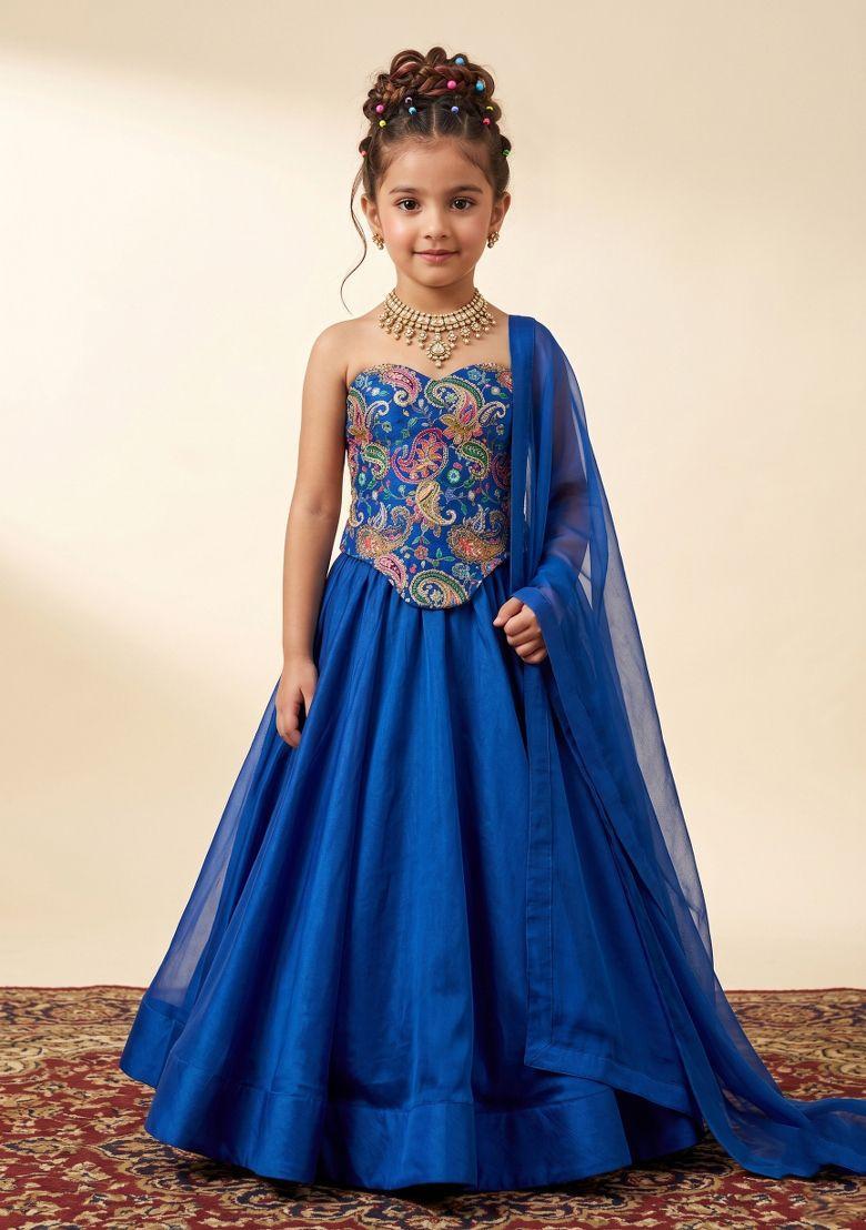 Cobalt Blue Printed Crepe Lehenga Set For Girls - Indya
