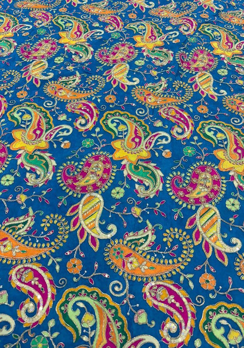 Cobalt Blue Printed Crepe Lehenga Set For Girls - Indya