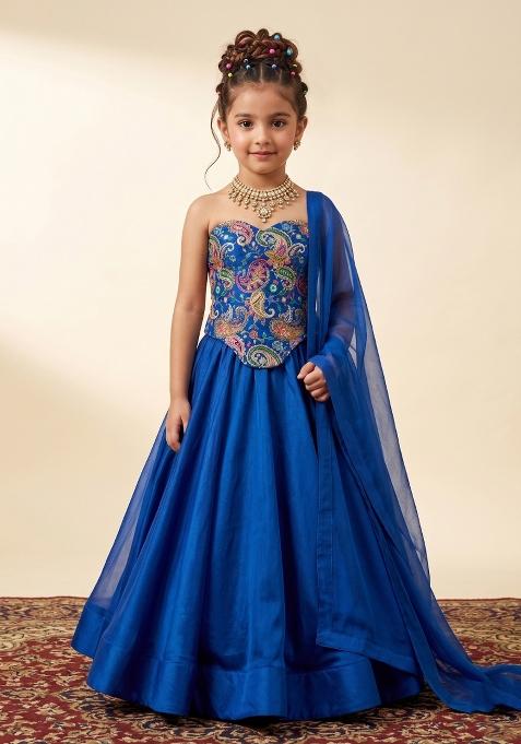 Cobalt Blue Printed Crepe Lehenga Set For Girls