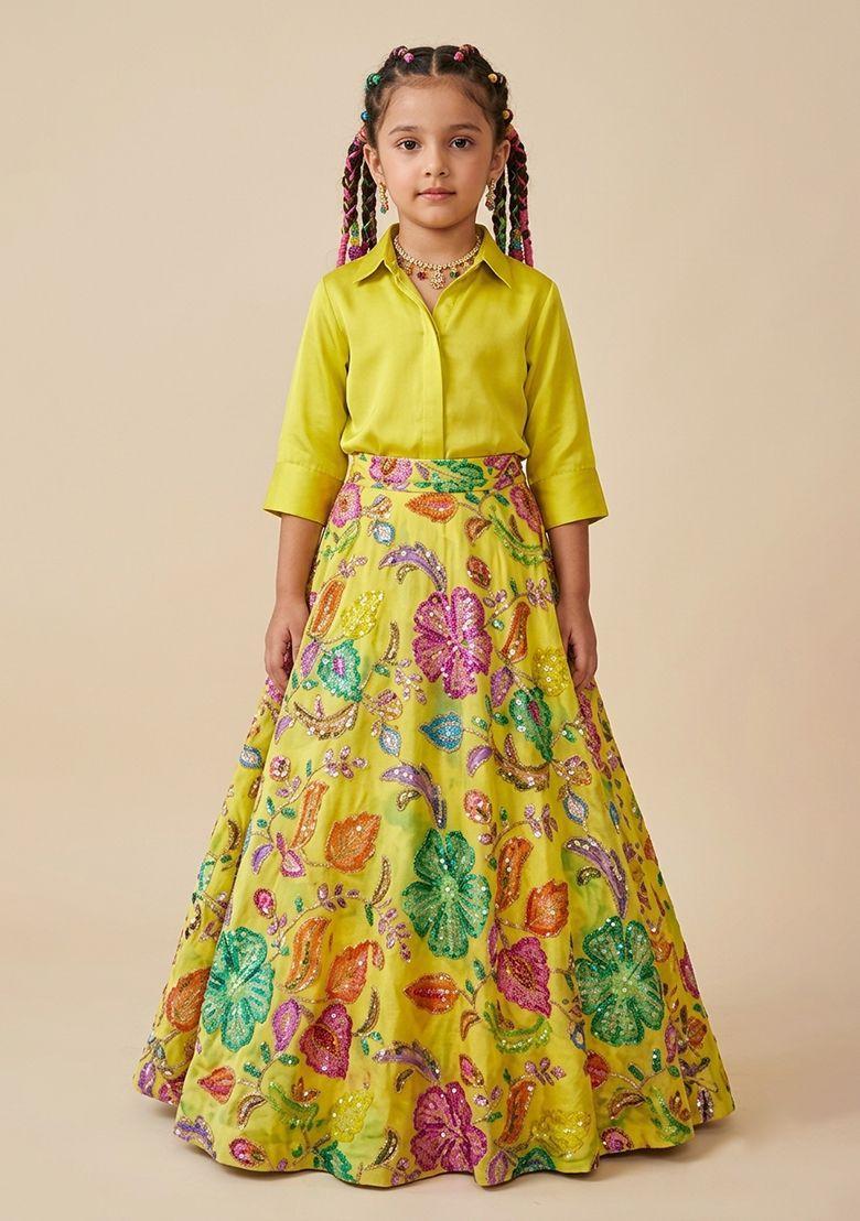 Olive Green Printed Lehenga Set For Girls - Indya