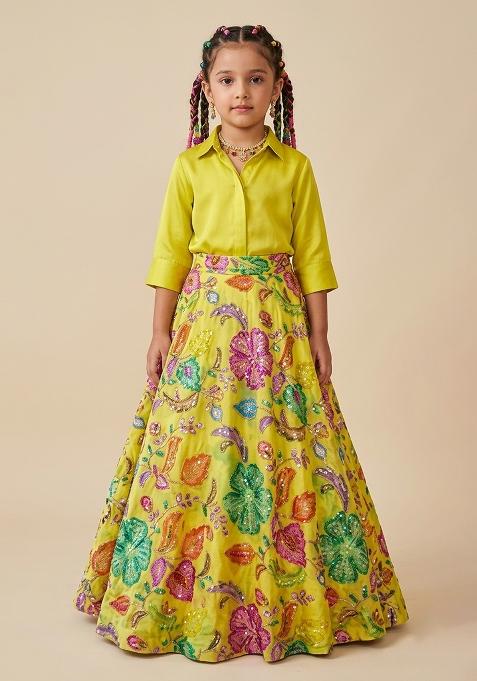 Olive Green Printed Lehenga Set For Girls — view on Indya