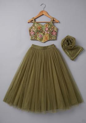 Olive Green Printed Crepe Lehenga Set For Girls