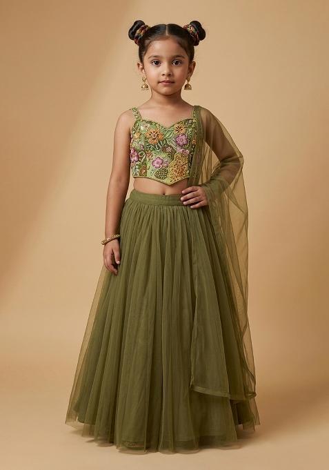Olive Green Printed Crepe Lehenga Set For Girls — view on Indya