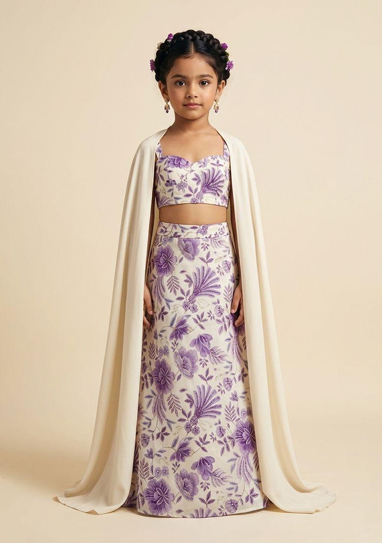 Ivory Printed Organza Lehenga Set For Girls - Indya