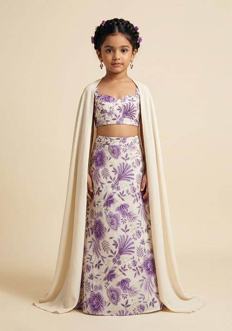 Ivory Printed Organza Lehenga Set For Girls