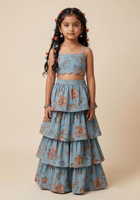 Grey Printed Cotton Linen Crop Top And Skirt Set For Girls