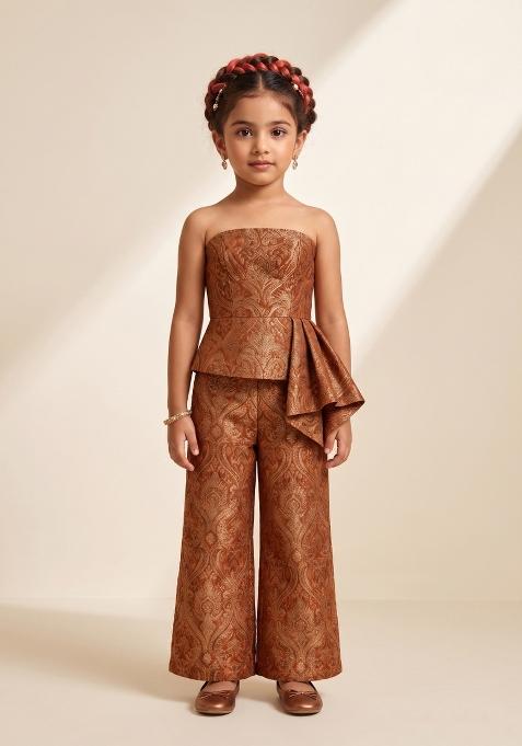 Brown And Gold Brocade Co-Ord Set For Girls — view on Indya