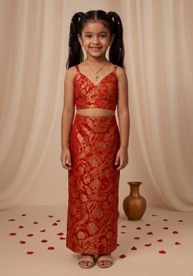 Red Brocade Crop Top And Skirt Set For Girls