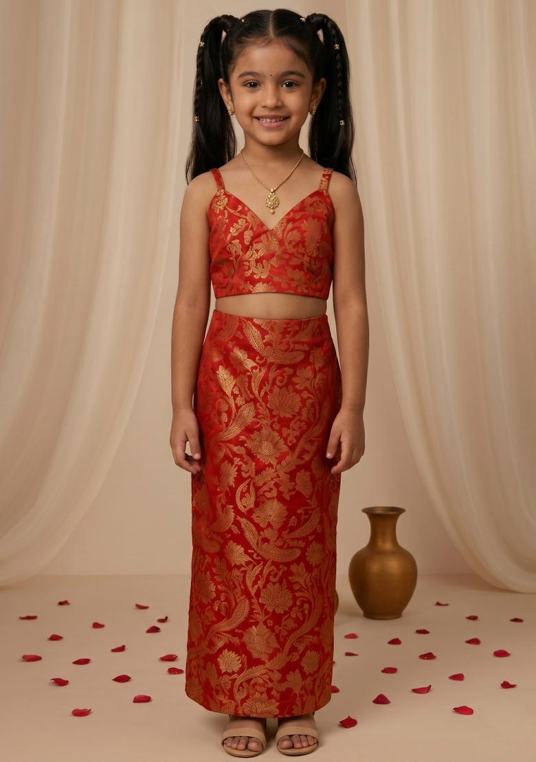 Red Brocade Crop Top And Skirt Set For Girls - Indya