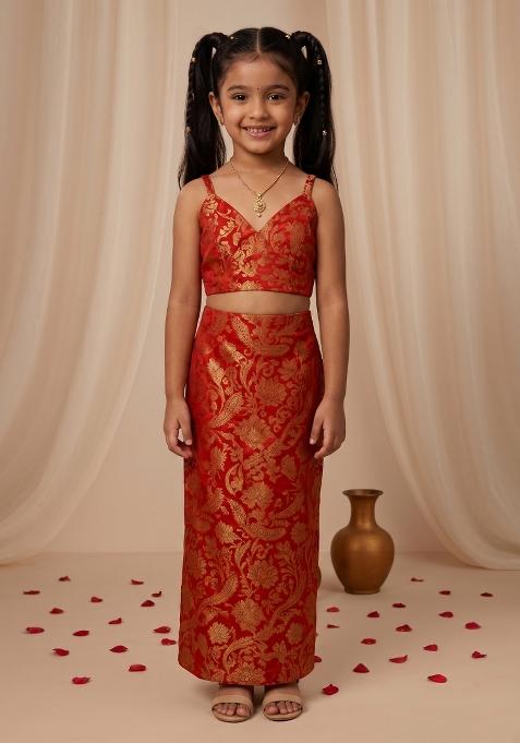 Red Brocade Crop Top And Skirt Set For Girls