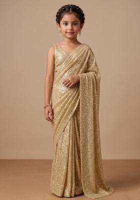 Beige Sequin Work Net Pre Draped Saree Set For Girls