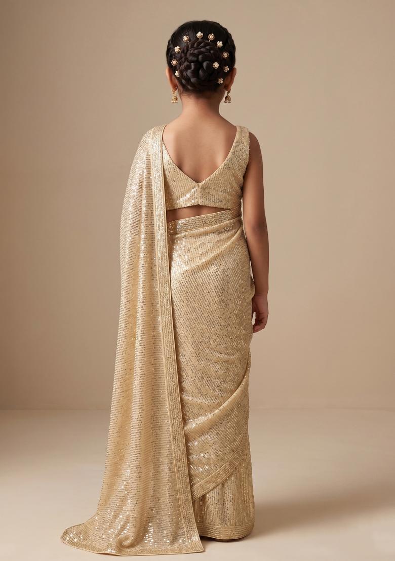 Beige Sequin Work Net Pre Draped Saree Set For Girls - Indya