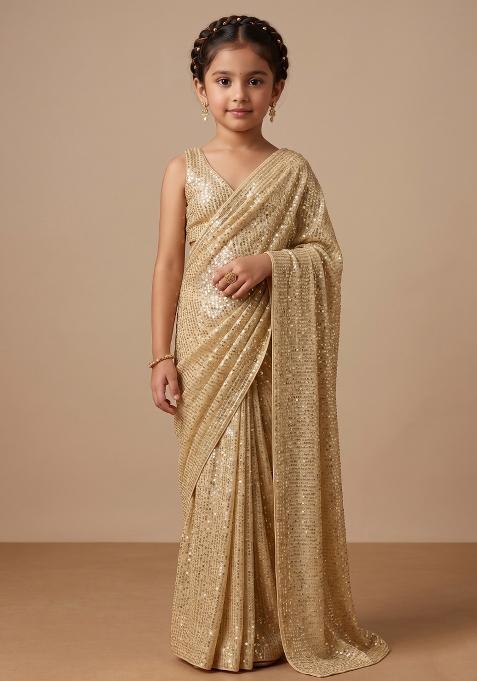 Beige Sequin Work Net Pre Draped Saree Set For Girls