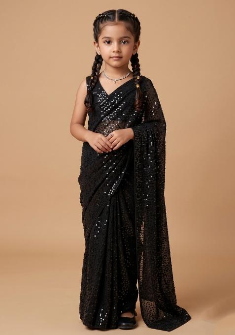 Black Sequin Work Net Pre Draped Saree Set For Girls
