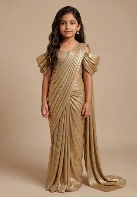 Golden Foil Printed Knit Pre Draped Saree Set For Girls