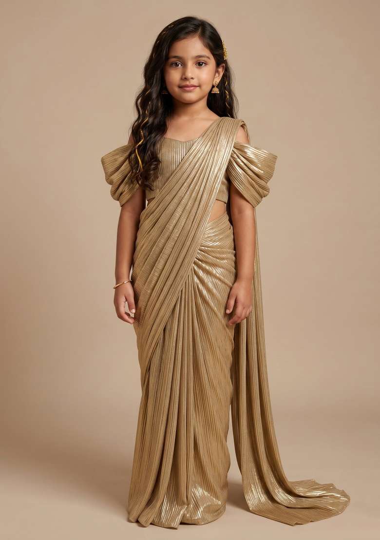Golden Foil Printed Knit Pre Draped Saree Set For Girls - Indya