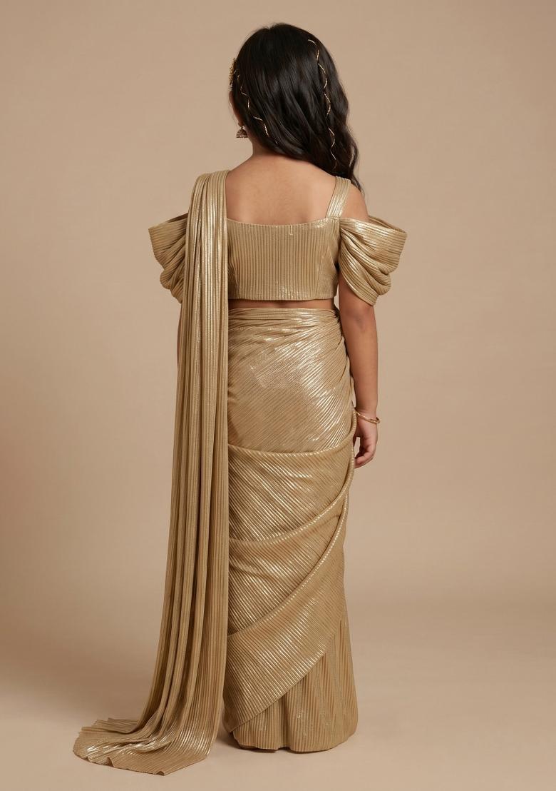 Golden Foil Printed Knit Pre Draped Saree Set For Girls - Indya