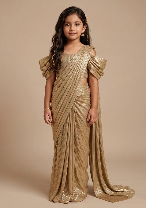 Golden Foil Printed Knit Pre Draped Saree Set For Girls