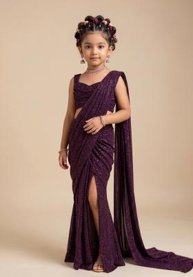Wine Sequin Embellished Georgette Saree Set For Girls