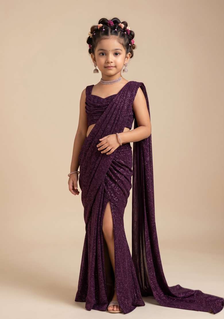Wine Sequin Embellished Georgette Saree Set For Girls - Indya