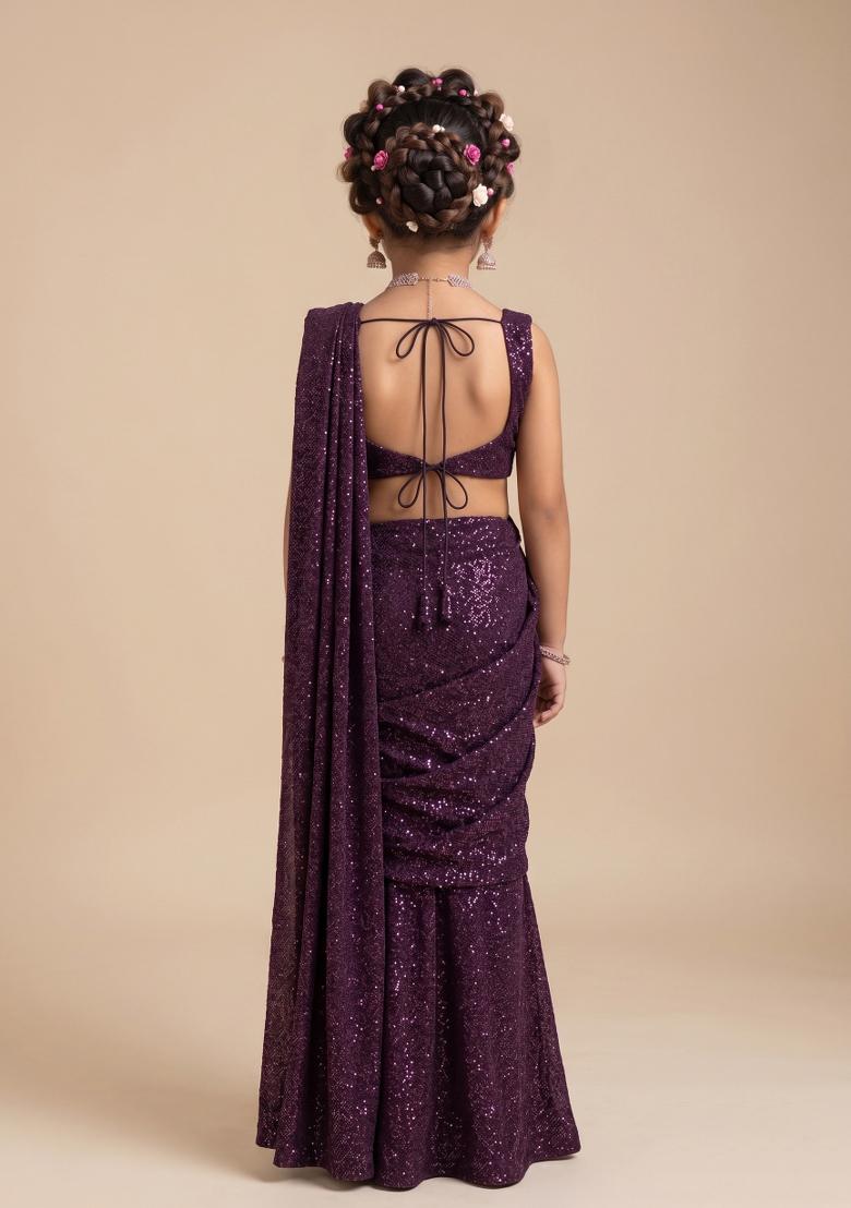Wine Sequin Embellished Georgette Saree Set For Girls - Indya