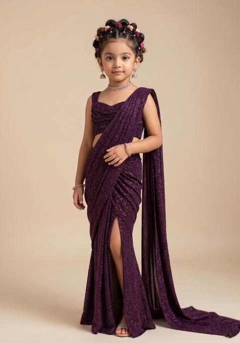 Wine Sequin Embellished Georgette Saree Set For Girls
