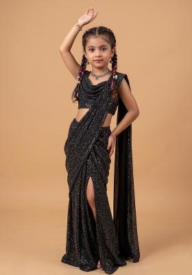 Black Embellished Georgette Pre Draped Saree Set For Girls