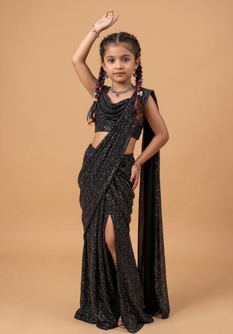 Black Embellished Georgette Pre Draped Saree Set For Girls