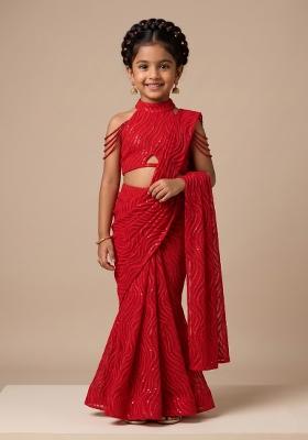 Red Sequin Embellished Net Saree Set For Girls