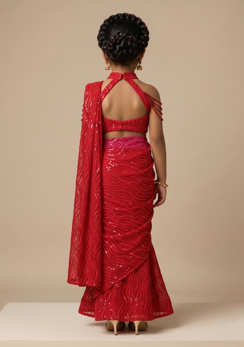 Red Sequin Embellished Net Saree Set For Girls - Indya