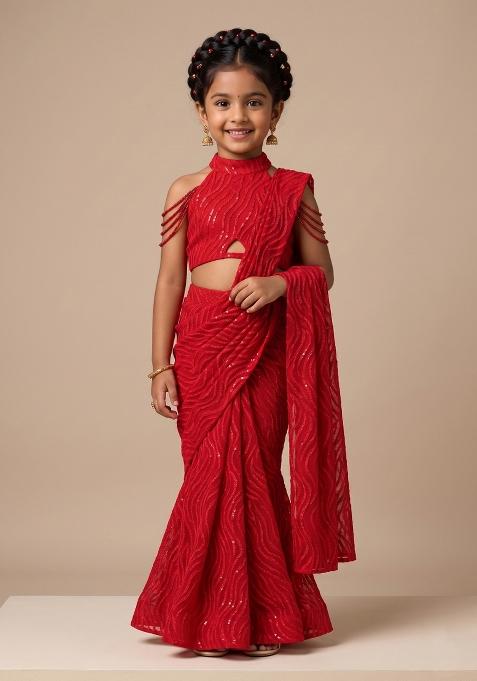 Red Sequin Embellished Net Saree Set For Girls