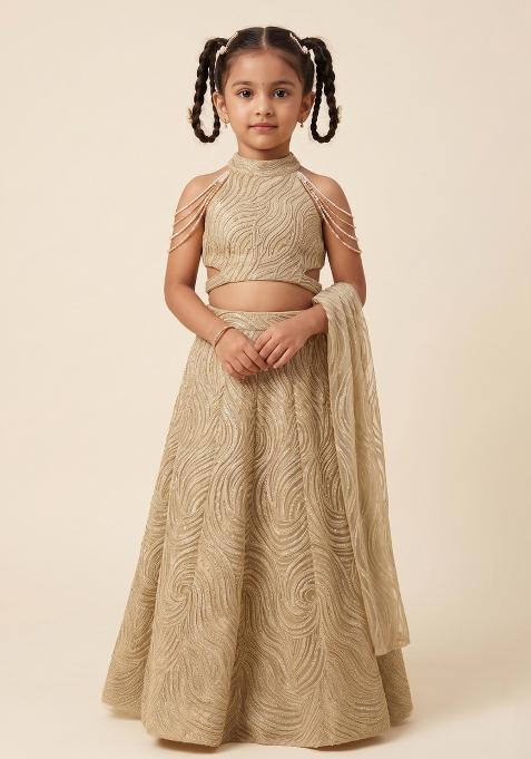 Beige Embellished Net Pre Draped Saree Set For Girls — view on Indya