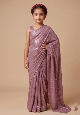 Pink Sequin Embellished Pre Draped Saree Set For Girls