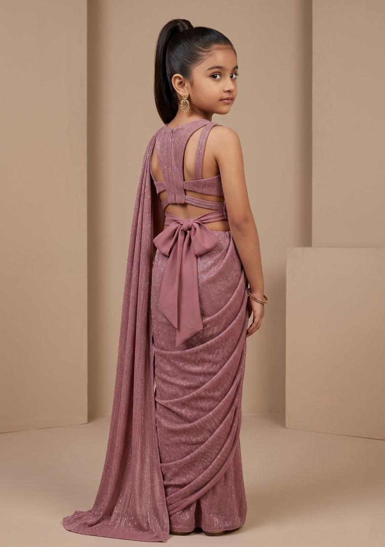 Pink Sequin Embellished Pre Draped Saree Set For Girls - Indya