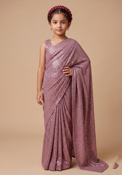 Pink Sequin Embellished Pre Draped Saree Set For Girls