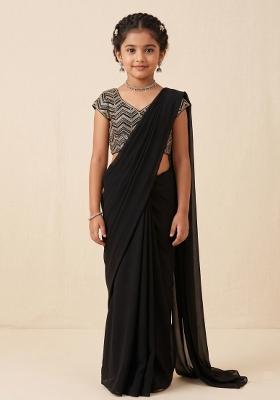Black Sequin Embellished Blouse Net Pre Draped Saree Set For Girls