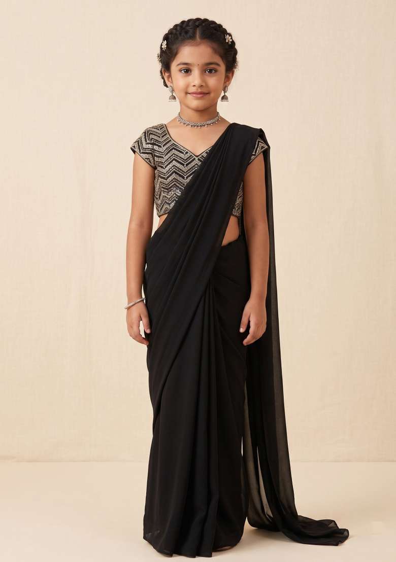 Black Sequin Embellished Blouse Net Pre Draped Saree Set For Girls - Indya