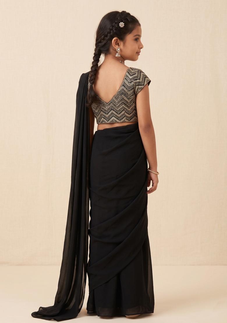 Black Sequin Embellished Blouse Net Pre Draped Saree Set For Girls - Indya
