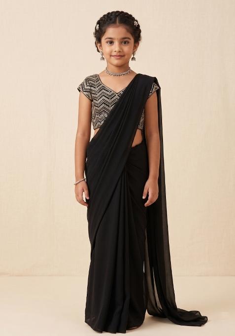Black Sequin Embellished Blouse Net Pre Draped Saree Set For Girls