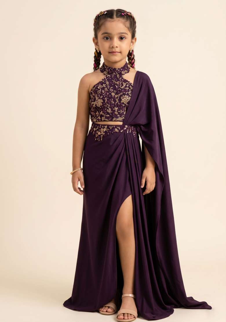 Deep Purple Sequin Embellished Blouse Satin Pre Draped Saree Set For Girls - Indya