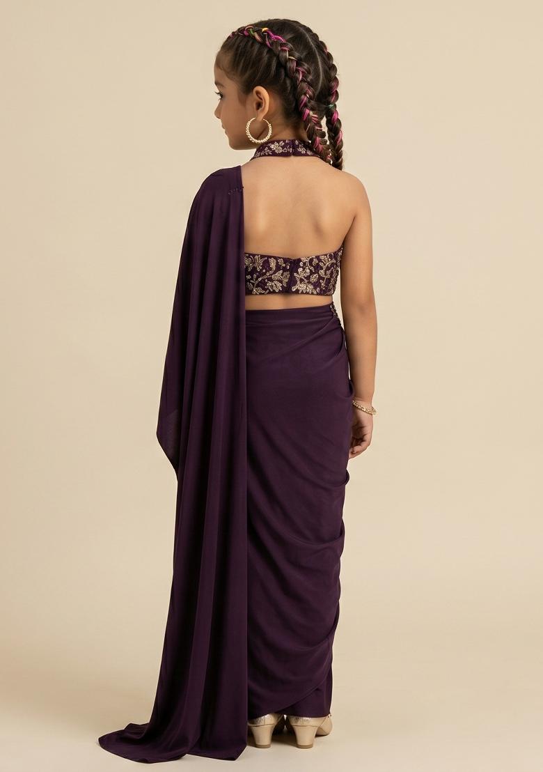 Deep Purple Sequin Embellished Blouse Satin Pre Draped Saree Set For Girls - Indya