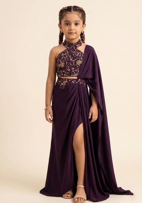 Deep Purple Sequin Embellished Blouse Satin Pre Draped Saree Set For Girls