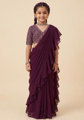 Maroon Georgette Sequin Embroidered Blouse Pre Draped Saree Set For Girls