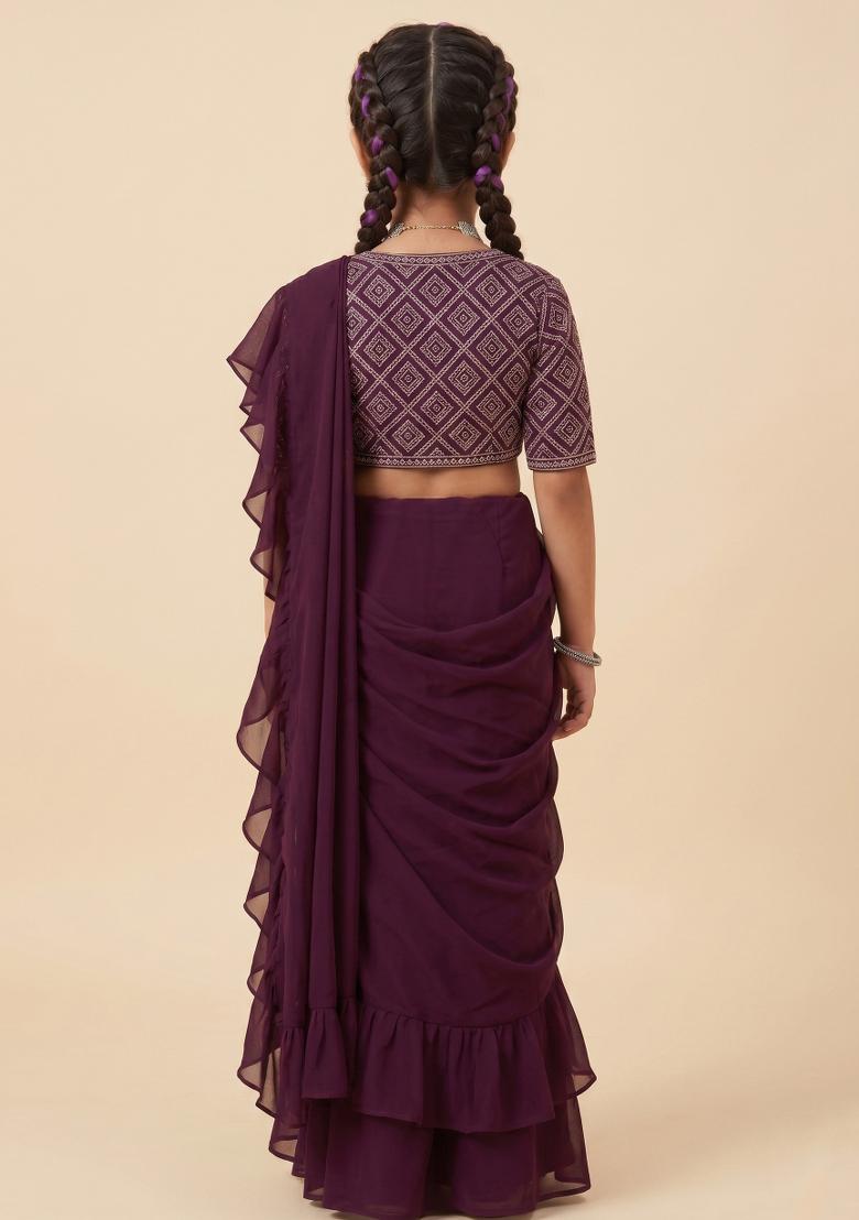 Maroon Georgette Sequin Embroidered Blouse Pre Draped Saree Set For Girls - Indya
