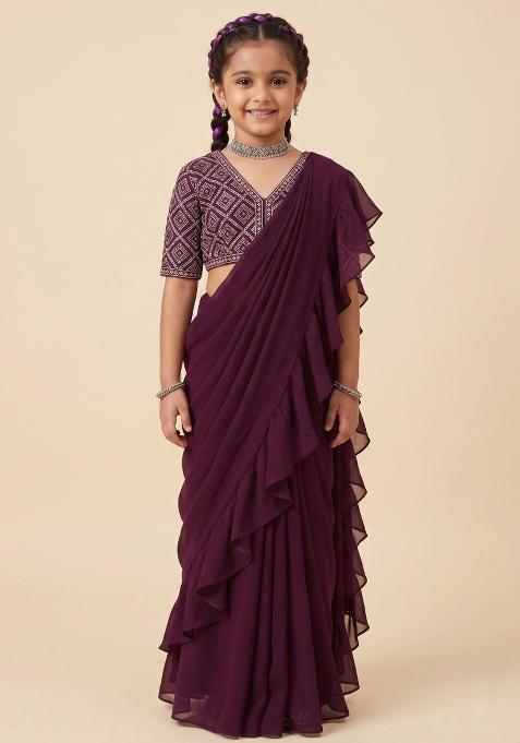 Maroon Georgette Sequin Embroidered Blouse Pre Draped Saree Set For Girls