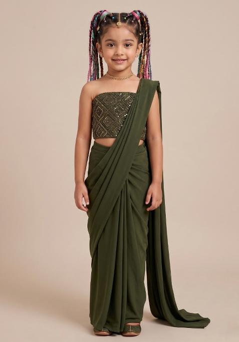 Sage Green Embellished Blouse Georgette Pre Draped Saree Set For Girls
