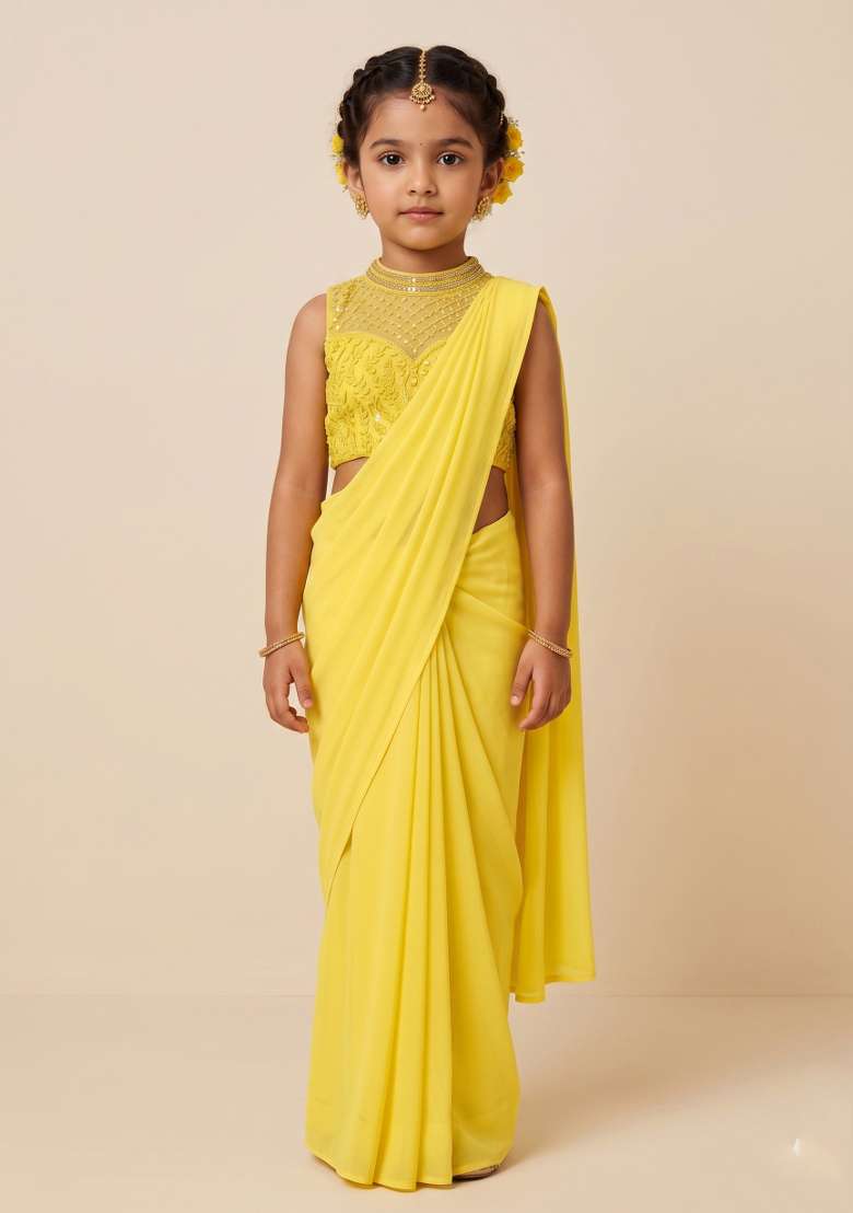 Yellow Sequin Embroidered Blouse Georgette Pre Draped Saree Set For Girls - Indya